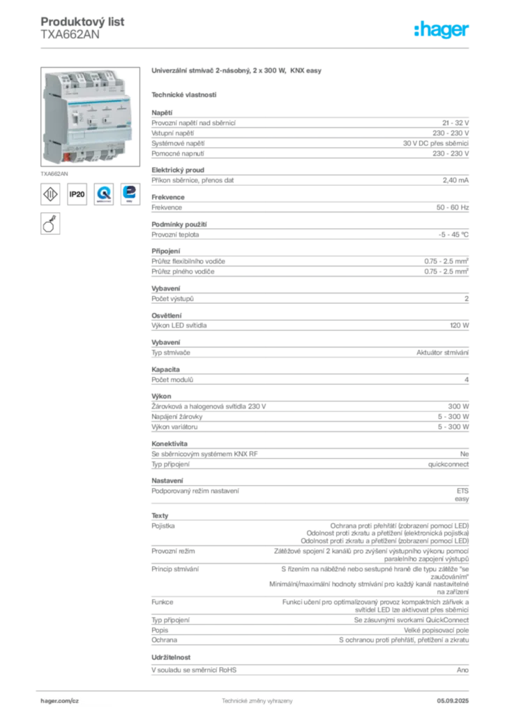 Obrázek Hager Produktový list TXA662AN | Hager