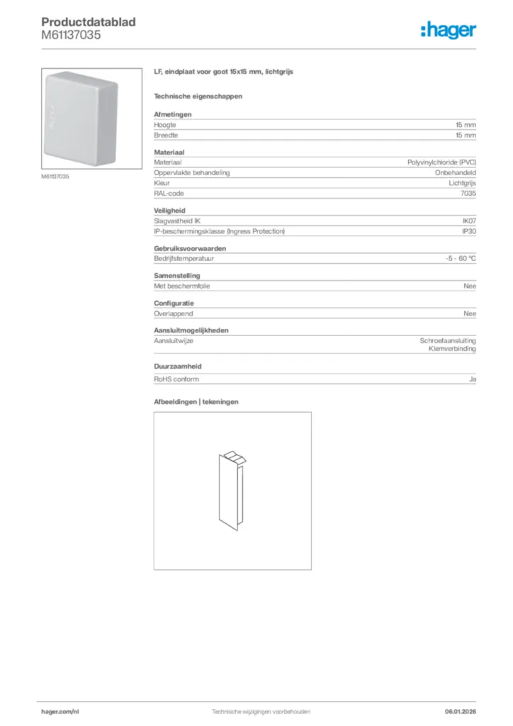 Afbeelding Hager Productdatablad M61137035 | Hager Nederland
