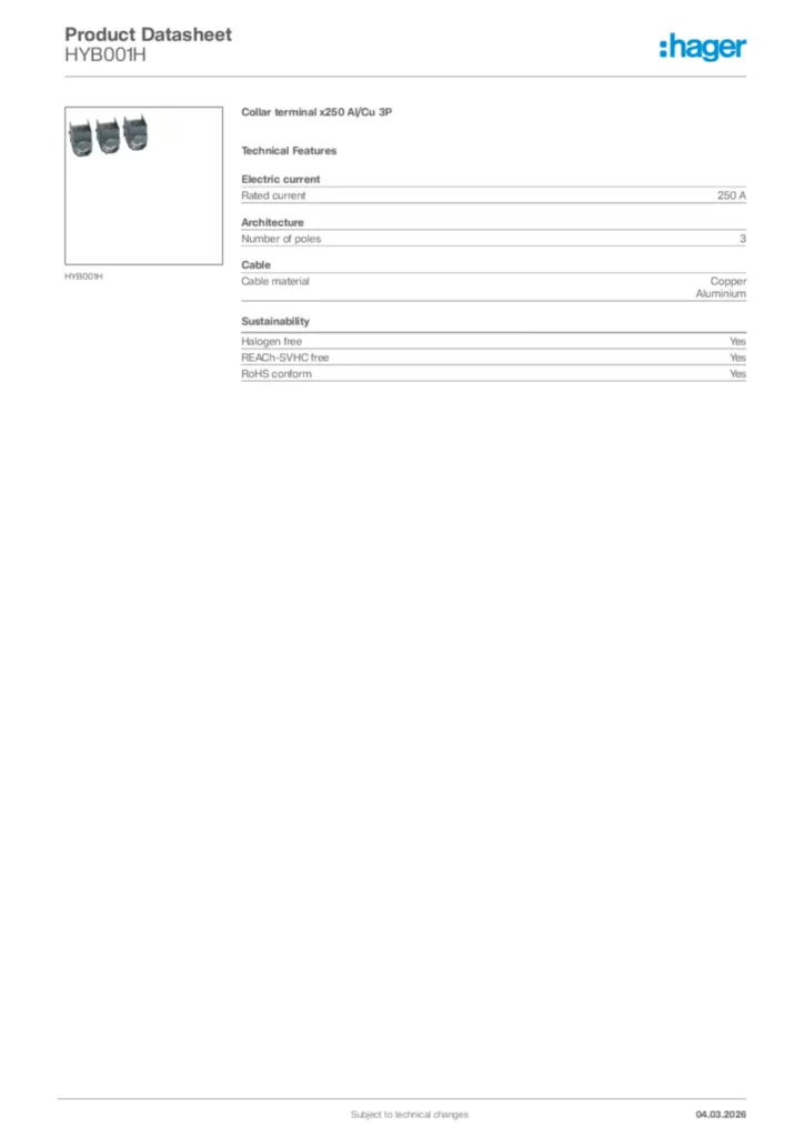 Image Hager Product data sheet HYB001H  | Hager Africa