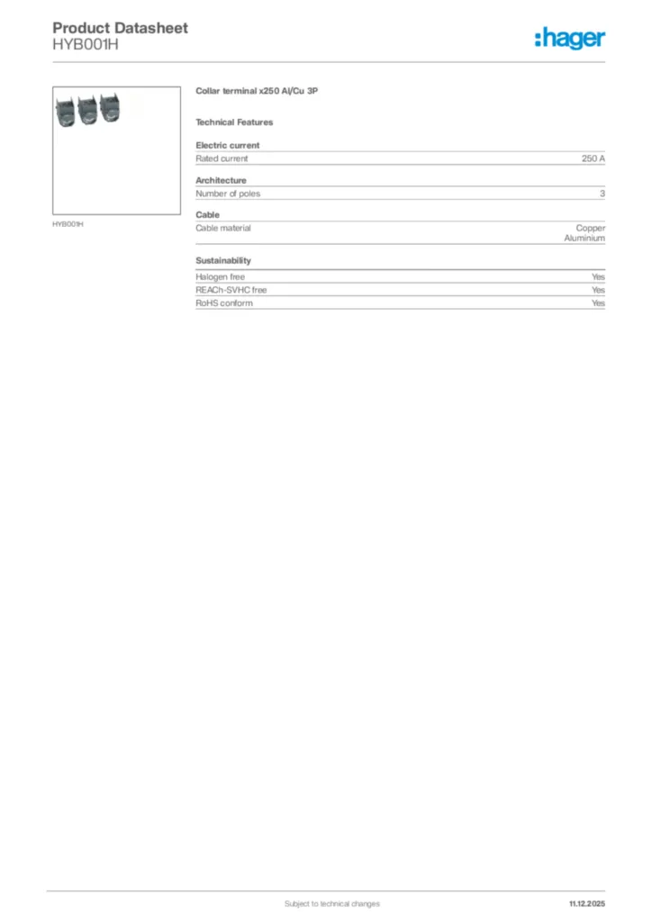 Image Hager Product data sheet HYB001H  | Hager Africa