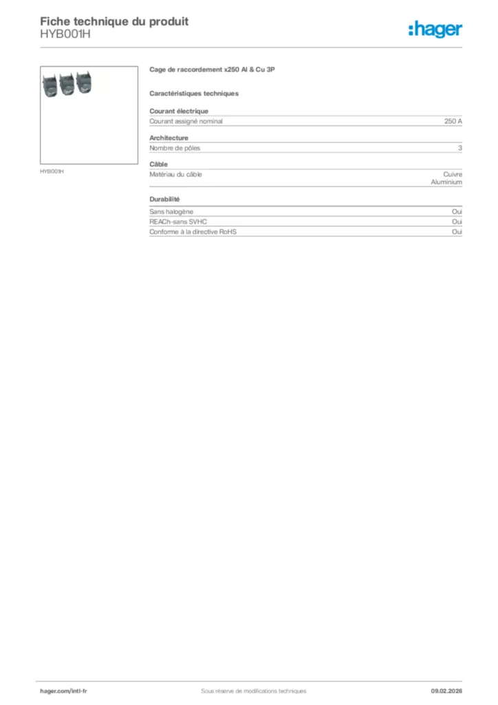 Image Hager Fiche technique du produit HYB001H | Hager Afrique