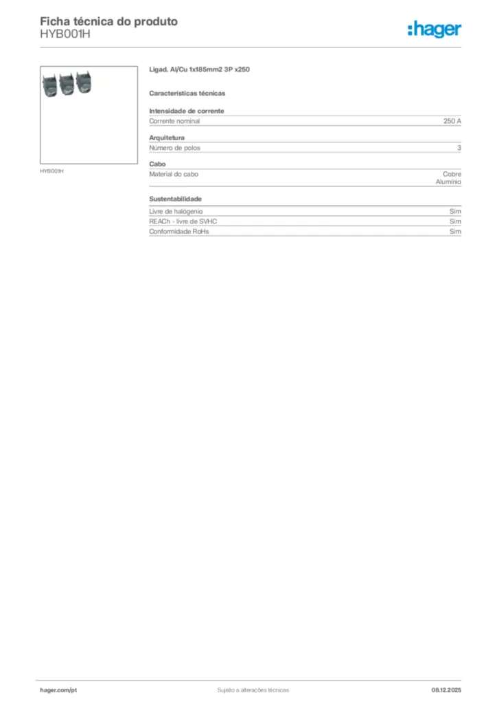 Imagem Hager Ficha técnica do produto HYB001H | Hager Portugal