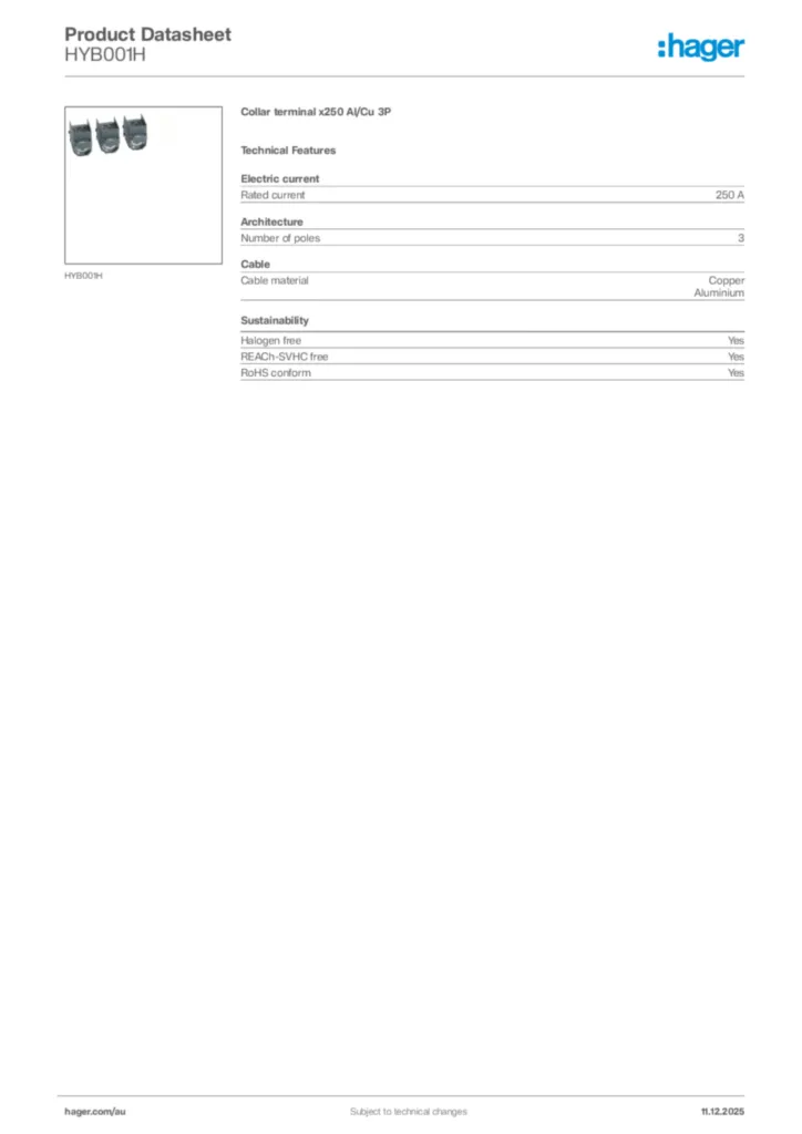Image Hager Product data sheet HYB001H  | Hager Australia