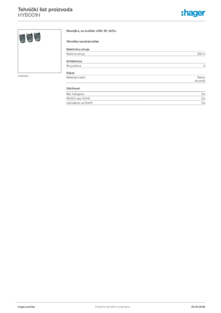 Slika Hager Tehnički list proizvoda HYB001H  | Hager