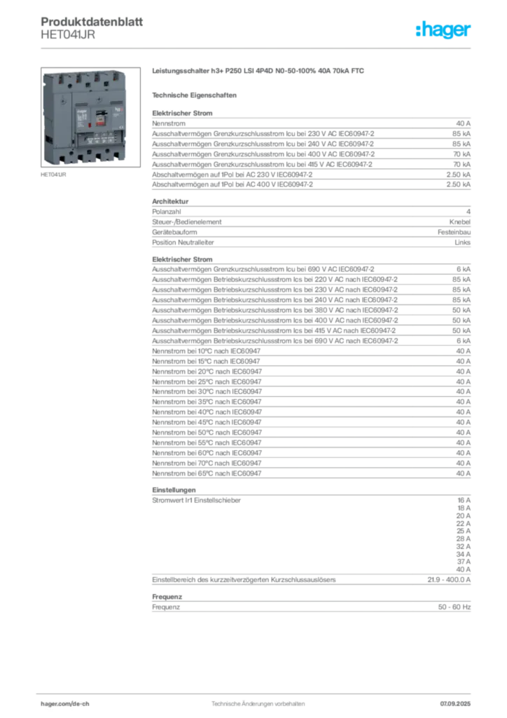 Bild Hager Produktdatenblatt HET041JR | Hager Schweiz