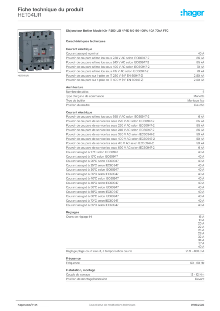 Image Hager Fiche technique du produit HET041JR | Hager Suisse