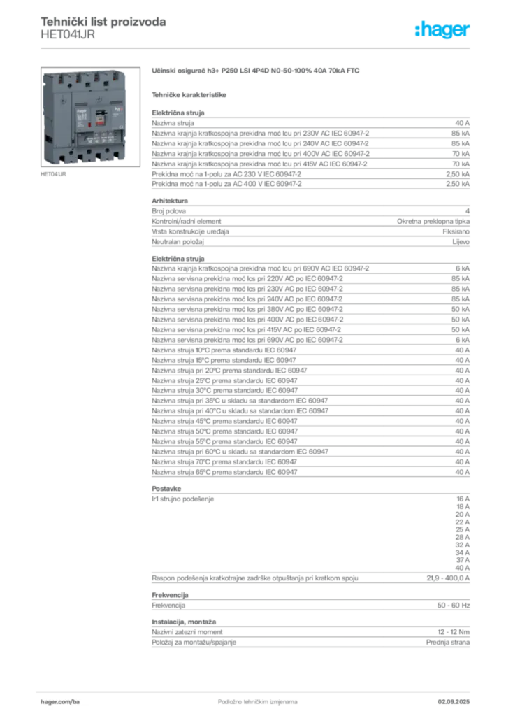 Slika Hager Tehnički list proizvoda HET041JR  | Hager