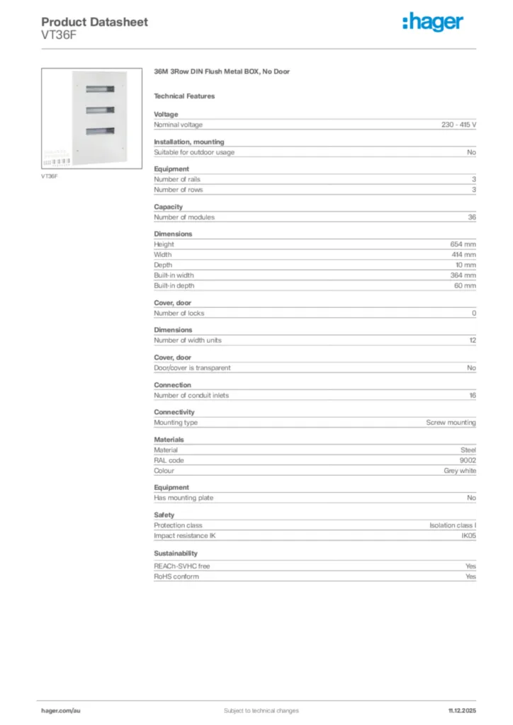 Image Hager Product data sheet VT36F  | Hager Australia