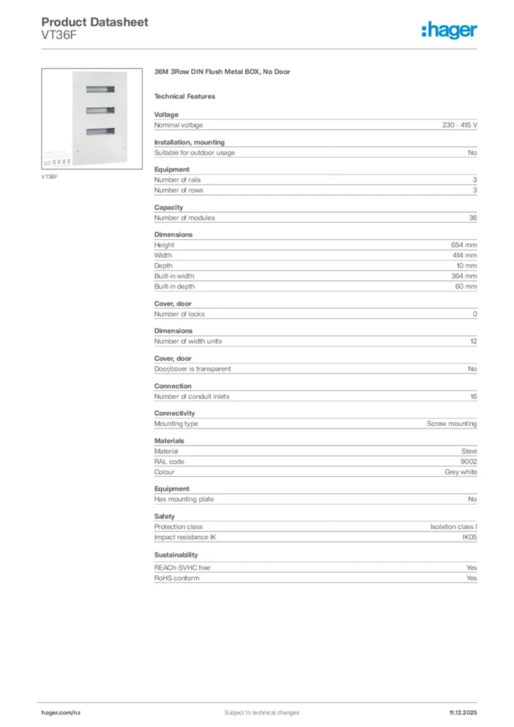 Image Hager Product data sheet VT36F  | Hager New Zealand