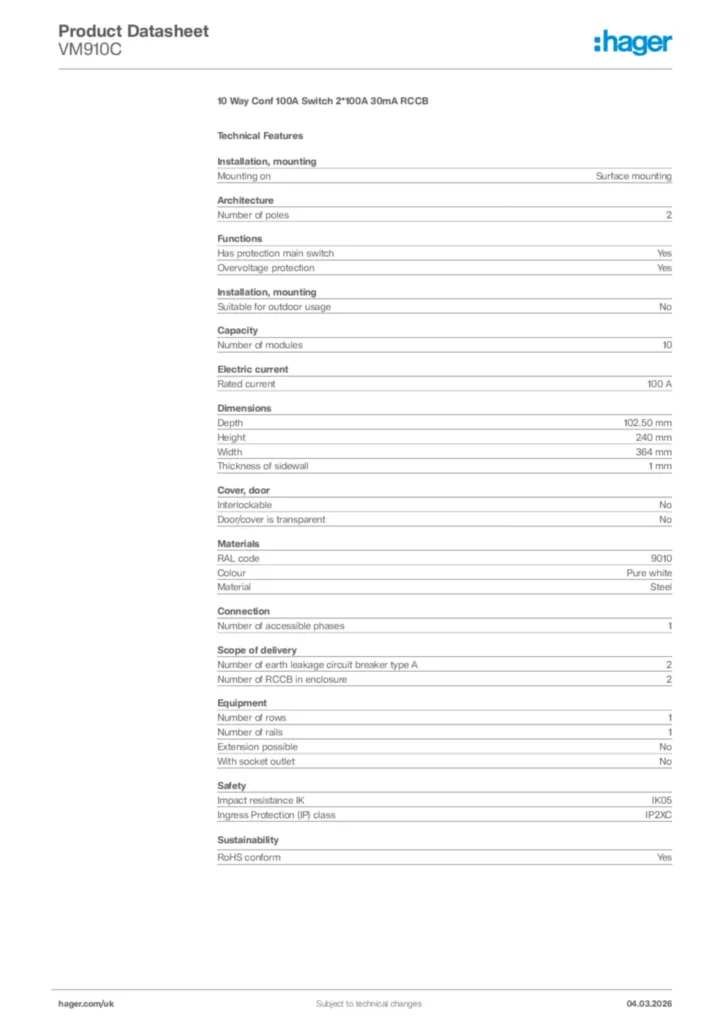 Image Hager Product data sheet VM910C  | Hager
