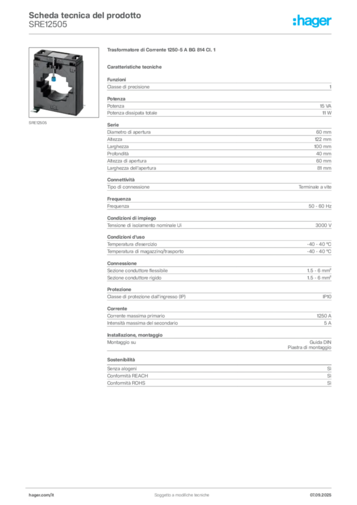 Immagine Hager Scheda tecnica del prodotto SRE12505 | Hager Italia