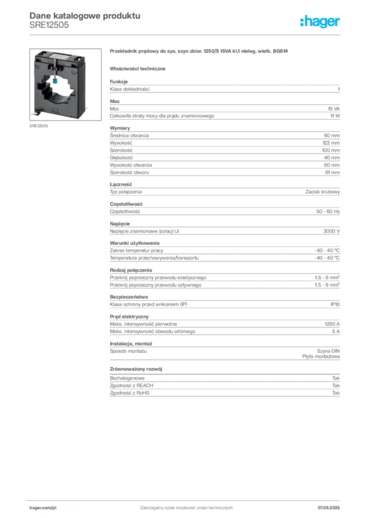 Zdjęcie Hager Dane katalogowe produktu SRE12505 | Hager Polska
