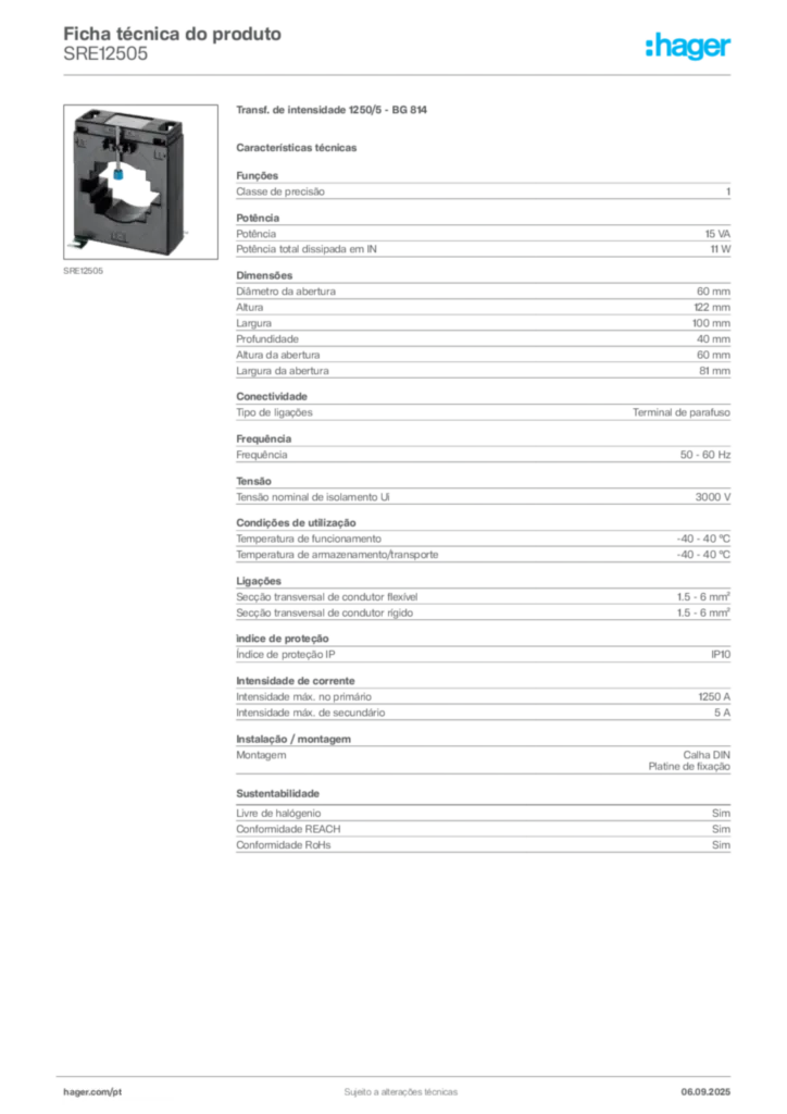 Imagem Hager Ficha técnica do produto SRE12505 | Hager Portugal
