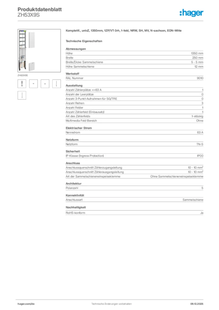 Bild Hager Produktdatenblatt ZH53X9S | Hager Deutschland