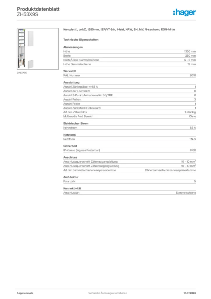 Bild Hager Produktdatenblatt ZH53X9S | Hager Deutschland
