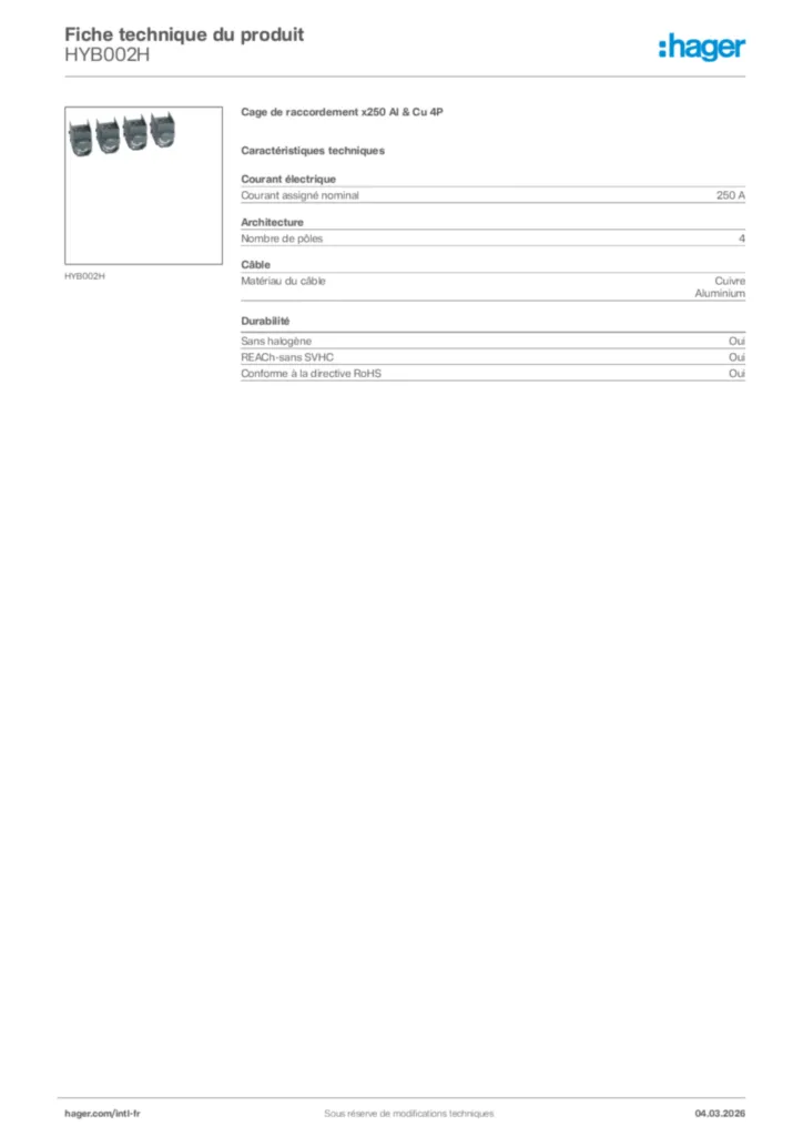 Image Hager Fiche technique du produit HYB002H | Hager Afrique