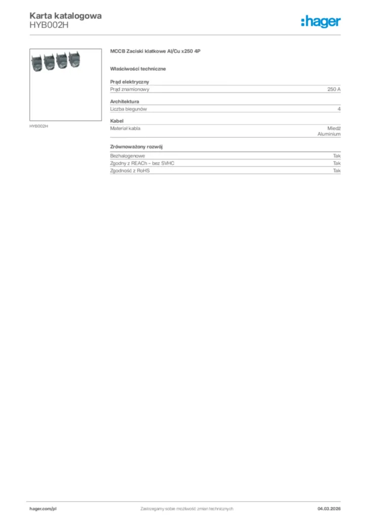 Zdjęcie Hager Karta katalogowa HYB002H | Hager Polska