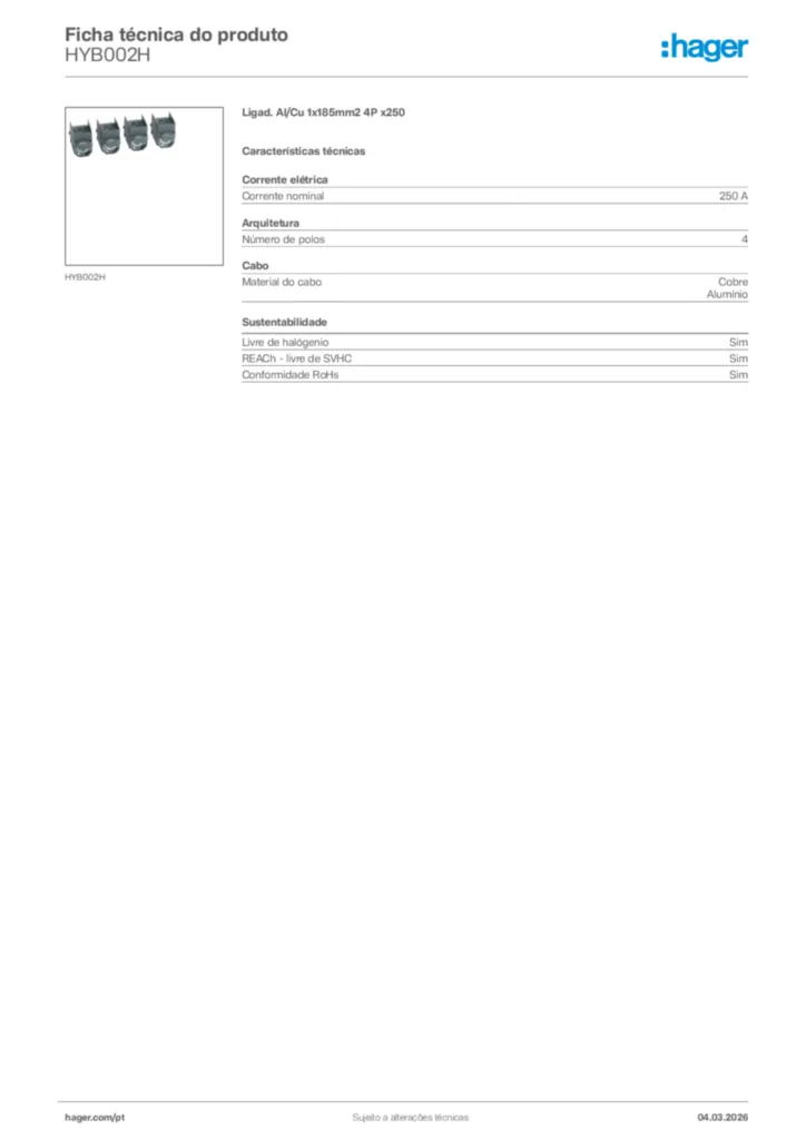 Imagem Hager Ficha técnica do produto HYB002H | Hager Portugal