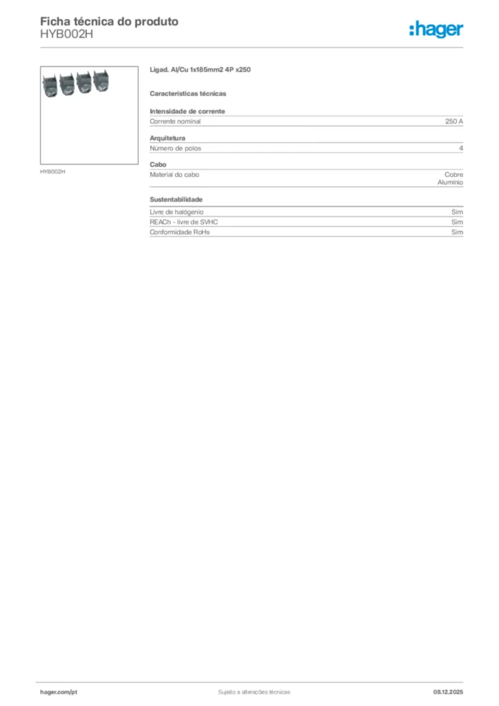 Imagem Hager Ficha técnica do produto HYB002H | Hager Portugal