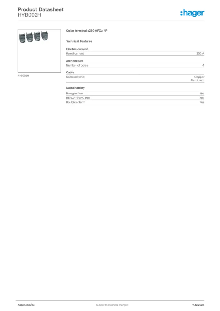Image Hager Product data sheet HYB002H  | Hager Australia