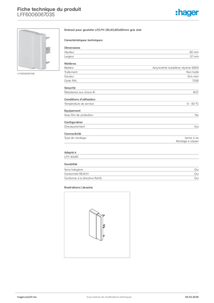 Image Hager Fiche technique du produit LFF6006067035 | Hager Belgique