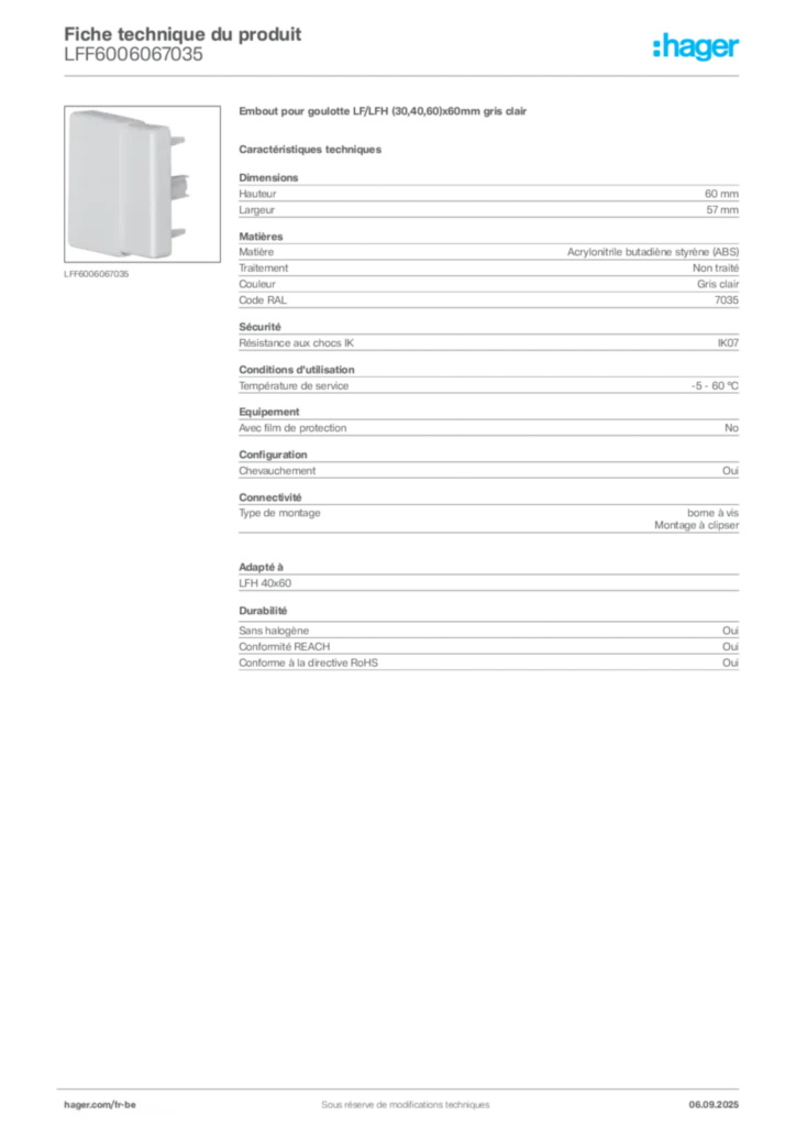 Image Hager Fiche technique du produit LFF6006067035 | Hager Belgique