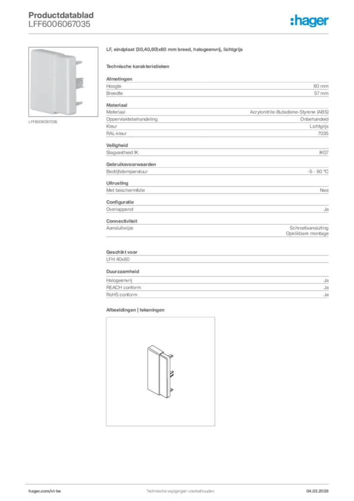 Afbeelding Hager Productdatablad LFF6006067035 | Hager Belgium