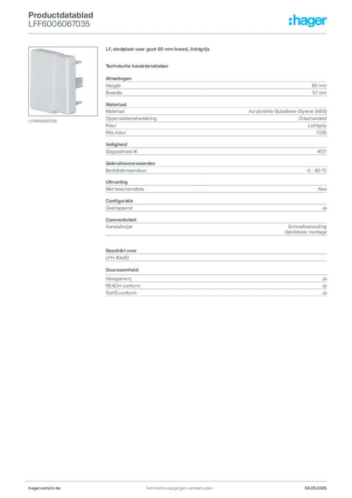 Afbeelding Hager Productdatablad LFF6006067035 | Hager Belgium