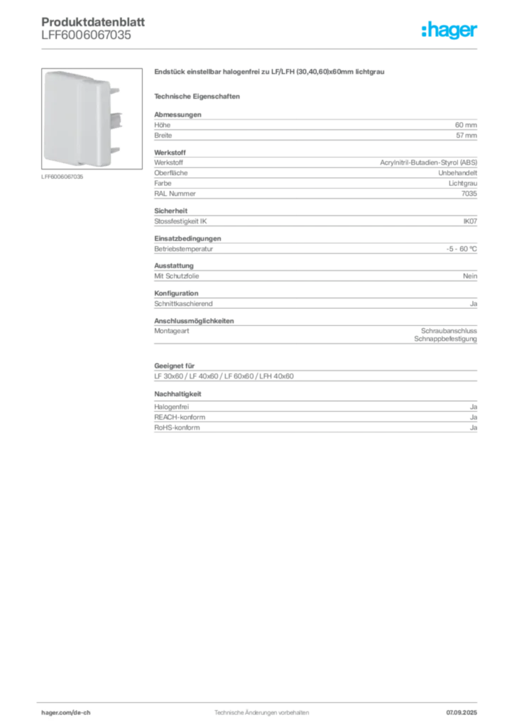 Bild Hager Produktdatenblatt LFF6006067035 | Hager Schweiz