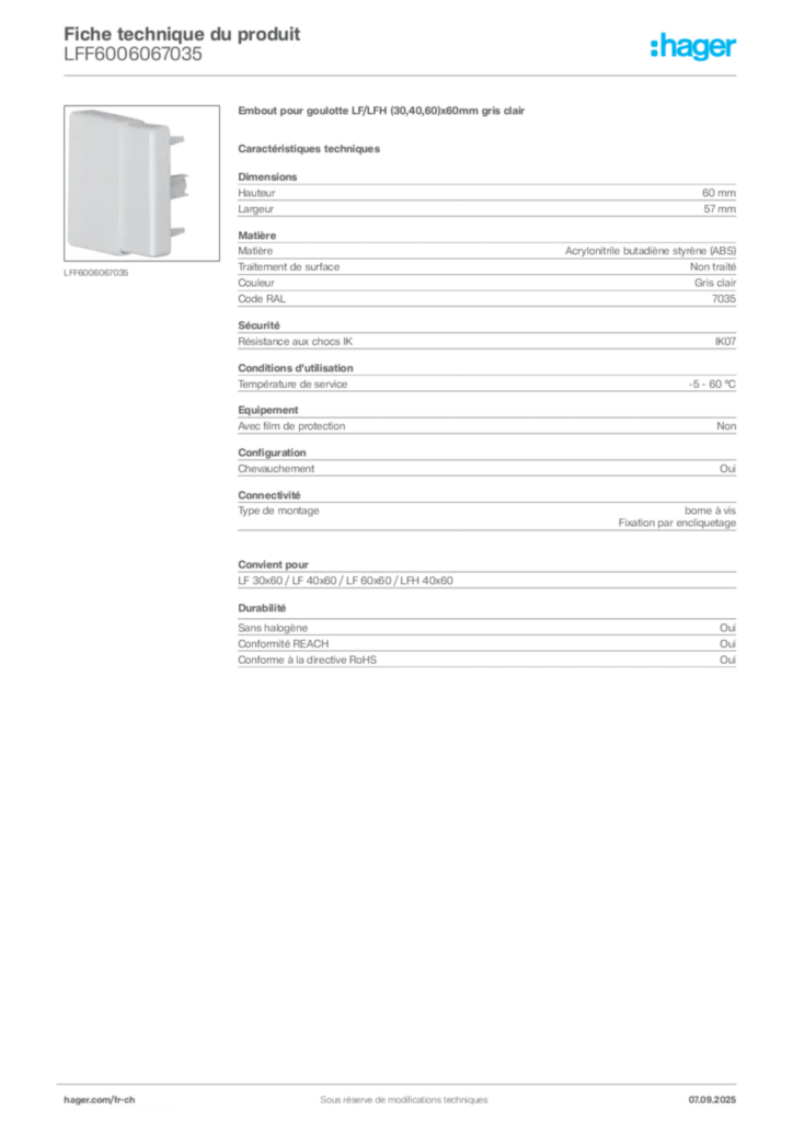 Image Hager Fiche technique du produit LFF6006067035 | Hager Suisse