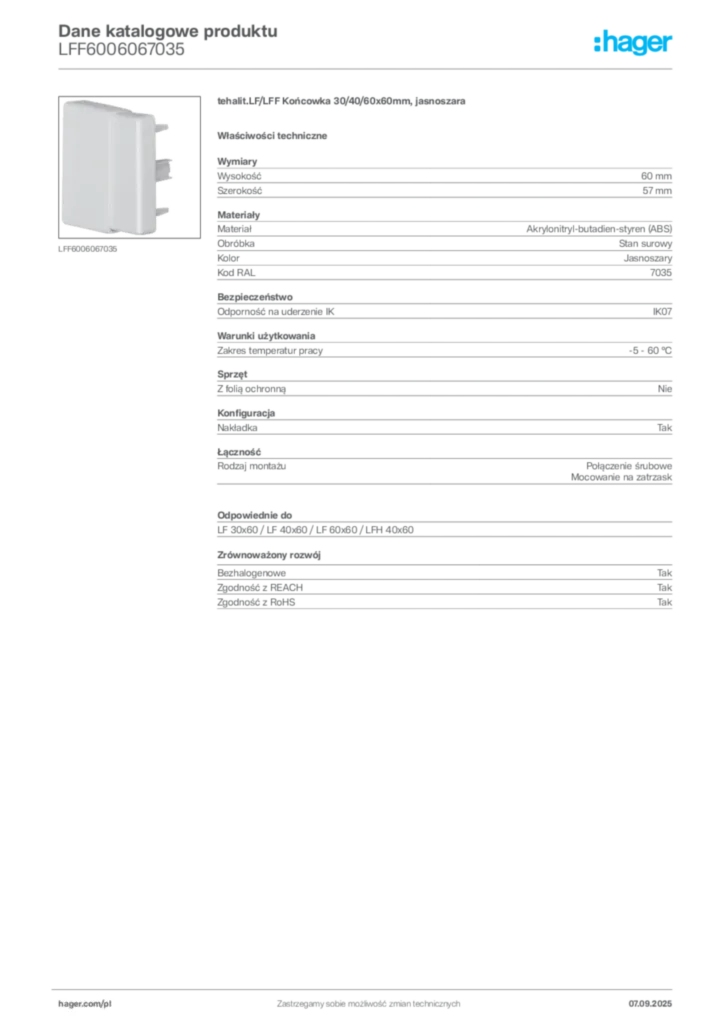 Zdjęcie Hager Dane katalogowe produktu LFF6006067035 | Hager Polska