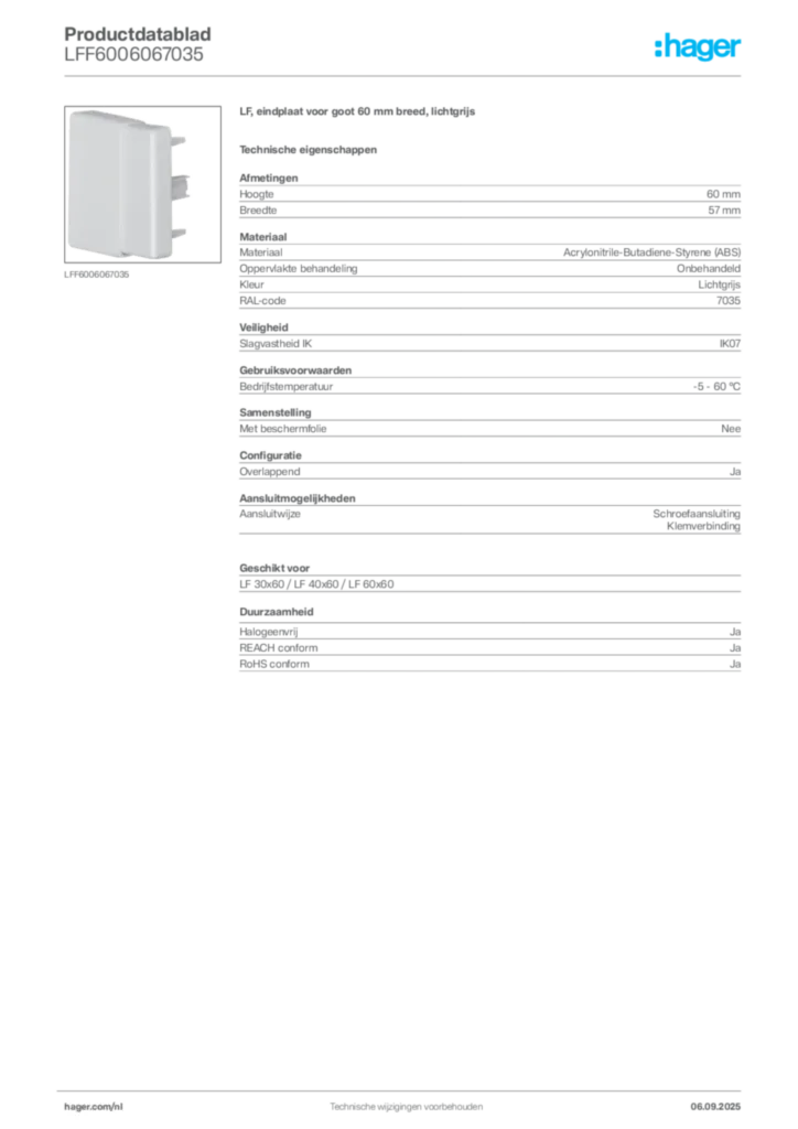 Afbeelding Hager Productdatablad LFF6006067035 | Hager Nederland