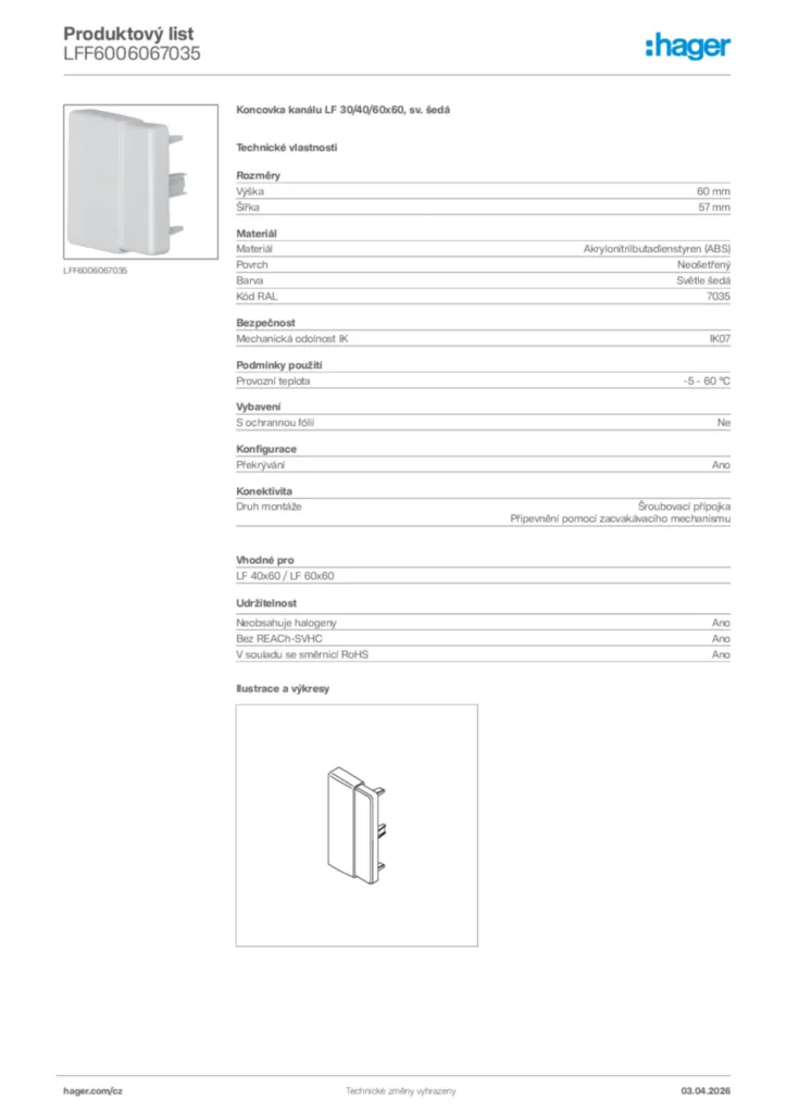 Obrázek Hager Product data sheet LFF6006067035 | Hager