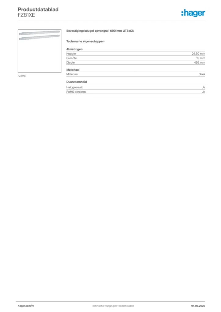 Afbeelding Hager Productdatablad FZ81XE | Hager Nederland