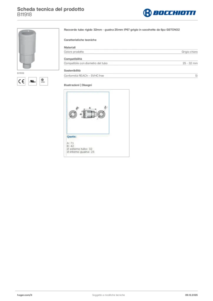 Immagine Bocchiotti Scheda tecnica del prodotto B11918 | Hager Italia