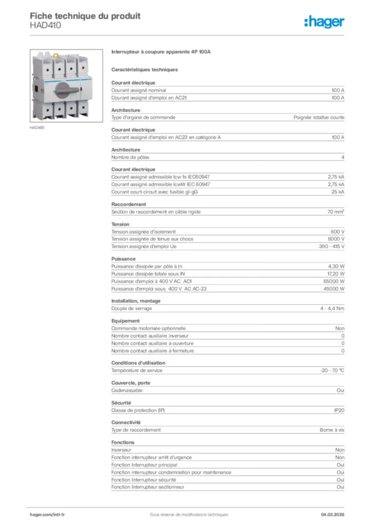 Image Hager Fiche technique du produit HAD410 | Hager Afrique