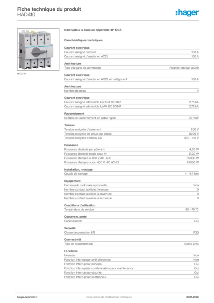 Image Hager Fiche technique du produit HAD410 | Hager Afrique