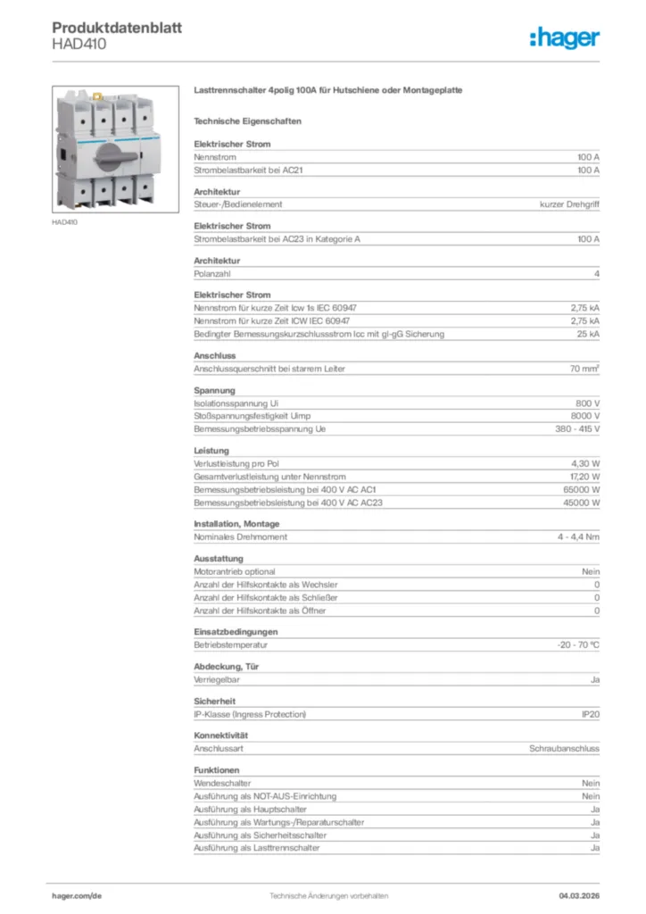 Bild Hager Produktdatenblatt HAD410 | Hager Deutschland