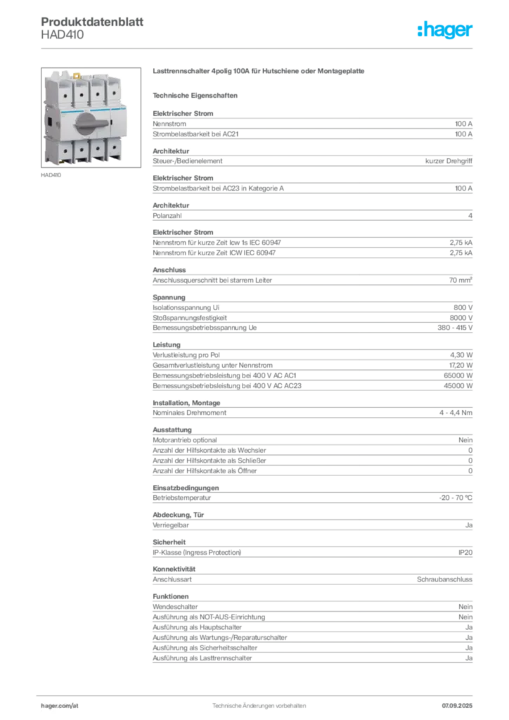 Bild Hager Produktdatenblatt HAD410 | Hager Deutschland