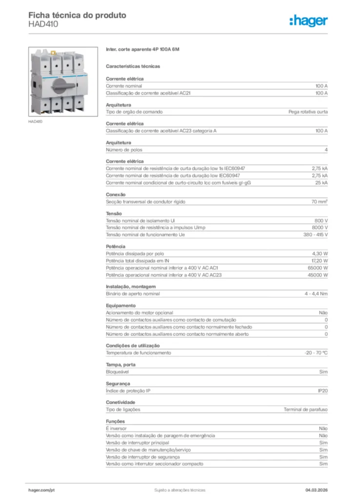 Imagem Hager Ficha técnica do produto HAD410 | Hager Portugal