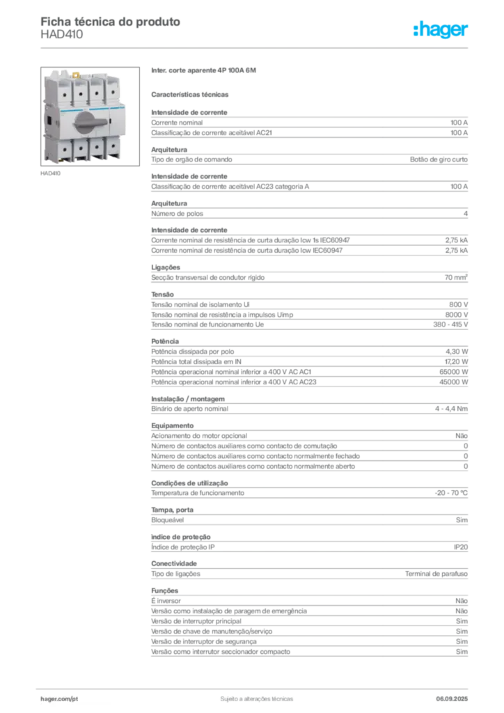 Imagem Hager Ficha técnica do produto HAD410 | Hager Portugal