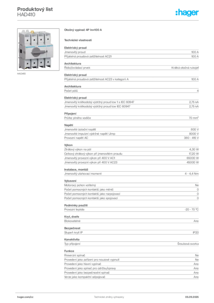Obrázek Hager Produktový list HAD410 | Hager