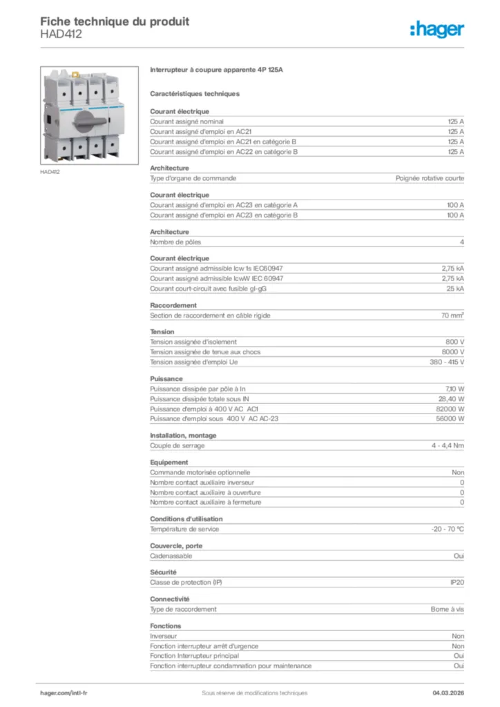 Image Hager Fiche technique du produit HAD412 | Hager Afrique