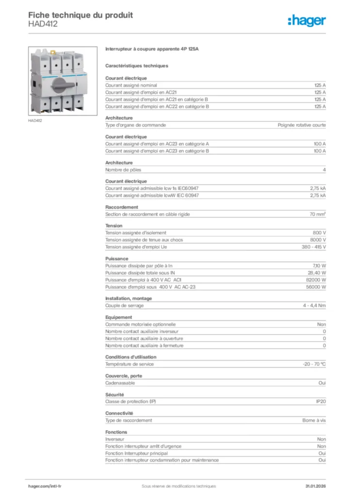 Image Hager Fiche technique du produit HAD412 | Hager Afrique