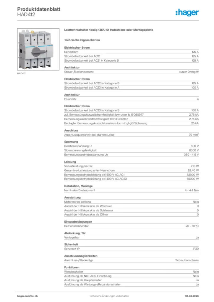 Bild Hager Produktdatenblatt HAD412 | Hager Schweiz