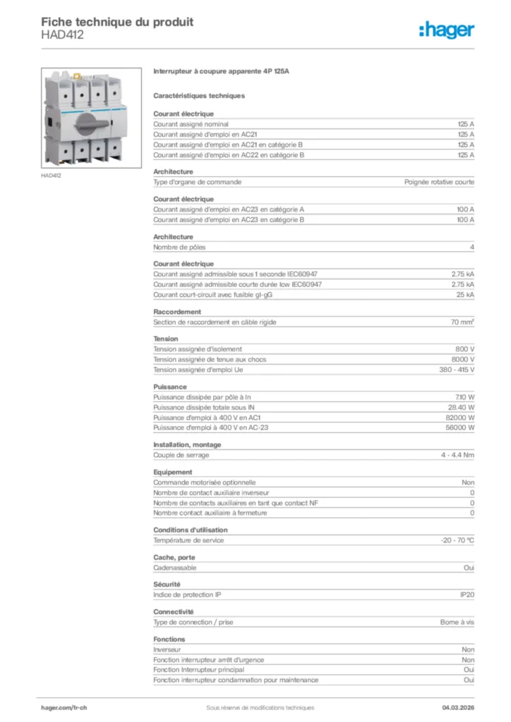 Image Hager Fiche technique du produit HAD412 | Hager Suisse