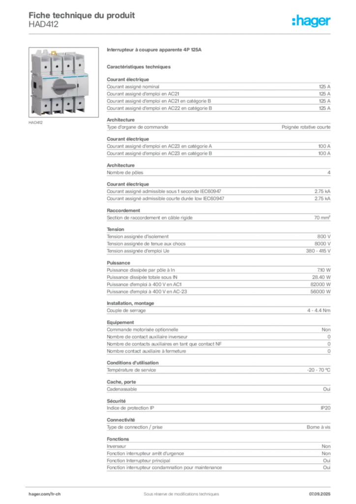 Image Hager Fiche technique du produit HAD412 | Hager Suisse