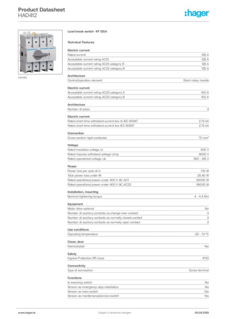 Image Hager Product data sheet HAD412  | Hager