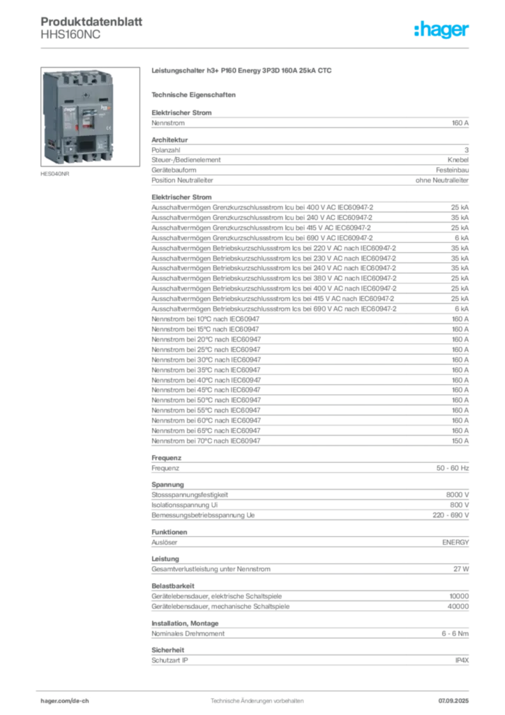 Bild Hager Produktdatenblatt HHS160NC | Hager Schweiz