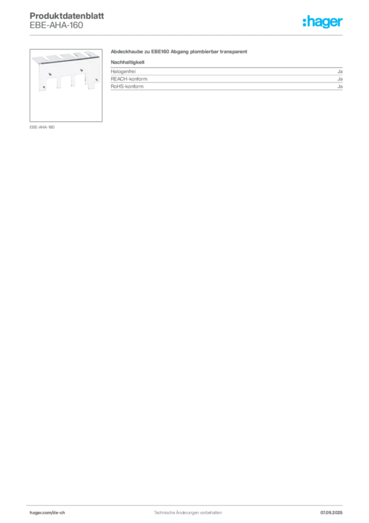 Bild Hager Produktdatenblatt EBE-AHA-160 | Hager Schweiz